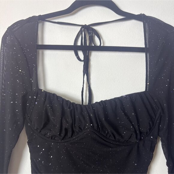 Black Ruched Long Sleeve Mini Dress With Glitter Accents & Tie Back - Picture 4 of 4